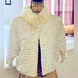 BEAUTIFUL 50’s Ivory Sequined Cropped Jacket Mink Collar.